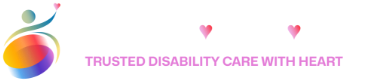 Logo with abstract human figure and heart, next to text "AURA OF HOPE" with hearts inside letters, and "TRUSTED DISABILITY CARE WITH HEART" beneath.