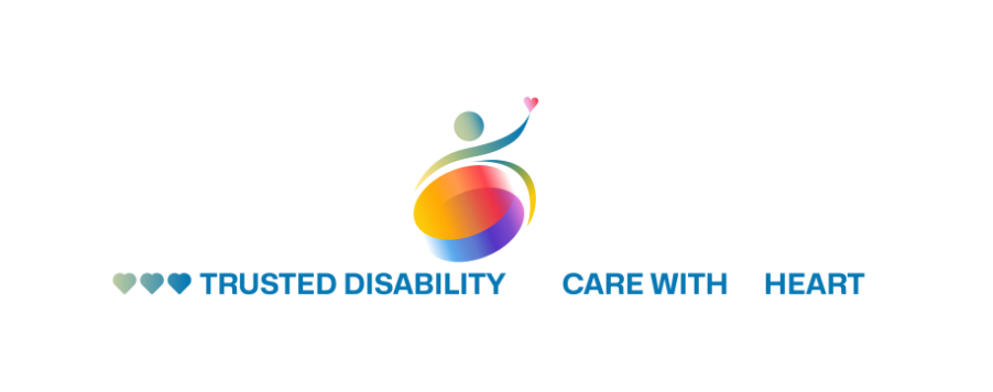 Logo with a colorful abstract figure holding a pink heart. Text reads: "Trusted Disability Care with Heart" and "Aura of Hope" in the background. Three blue hearts shown on the left.