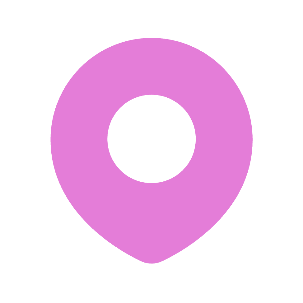 A pink map location pin icon with a circular cutout in the center, displayed on a light gray background.