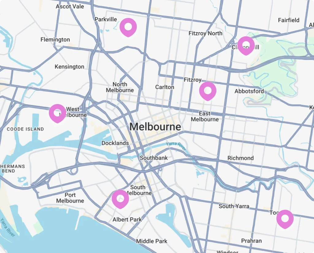 Map of central Melbourne with six pink location markers placed in various suburbs, including Parkville, Clifton Hill, West Melbourne, Port Melbourne, and Albert Park.